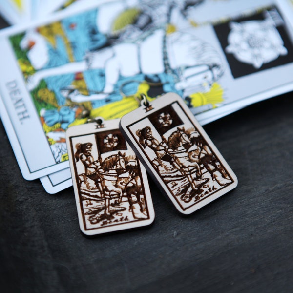 Death Tarot Card Earrings made from Maple Wood. Tarot Card Drop Earrings illustration from the Major Arcana Deck