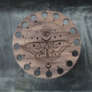 Mystical Moth with Moon and Eye Embroidery Floss Thread Storage Holder Circle Walnut Wood to store your cross stitch needlepoint yarn image 4