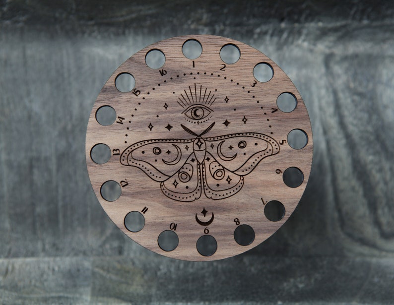 Mystical Moth with Moon and Eye Embroidery Floss Thread Storage Holder Circle Walnut Wood to store your cross stitch needlepoint yarn image 4
