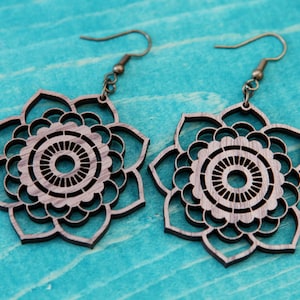 Boho Flower Mandala Wood Earrings - Walnut Bohemian Floral Mandala Design Drop Earrings