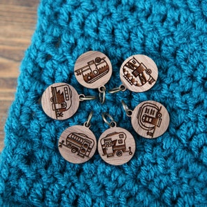 Happy Camper Knitting Stitch Markers from Walnut Wood. Set of 6 vintage camping trailers and classic rv campers