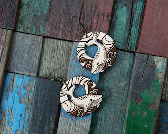 Whales Riding Waves Earrings made from maple wood ; great for those who love these giant ocean animals