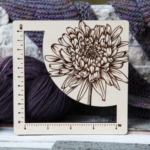 Chrysanthemum Flower Gauge Swatch Measurement Ruler in 4 Inches and 10 Centimeters made from Maple Wood;  for Knit, Crochet and Fiber Arts