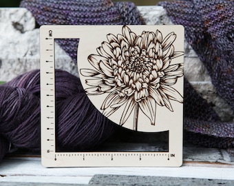 Chrysanthemum Flower Gauge Swatch Measurement Ruler in 4 Inches and 10 Centimeters made from Maple Wood;  for Knit, Crochet and Fiber Arts