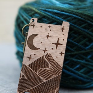 Mountains with Stars and Moon in the Night Sky Spinners Control Tool , WPI (Wraps per Inch) Ruler made from walnut wood for yarn gauge