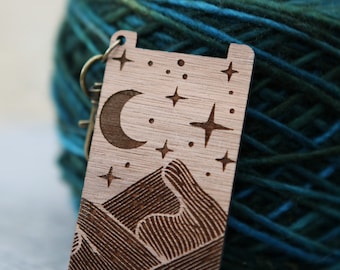 Mountains with Stars and Moon in the Night Sky Spinners Control Tool , WPI (Wraps per Inch) Ruler made from walnut wood for yarn gauge