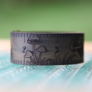 Mushroom Leather Ruler Cuff, made from reclaimed distressed leather with a bronze stud. Great for measuring knitting, sewing & fiber project