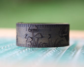 Mushroom Leather Ruler Cuff, made from reclaimed distressed leather with a bronze stud. Great for measuring knitting, sewing & fiber project