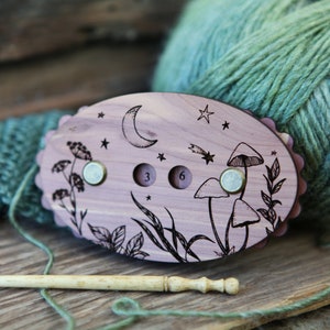 Knitting and Crochet Row Counter. Stars and crescent moon with forest plants made from wood. Turn the dials to keep progress of your rows.