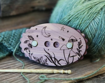 Knitting and Crochet Row Counter. Stars and crescent moon with forest plants made from wood. Turn the dials to keep progress of your rows.