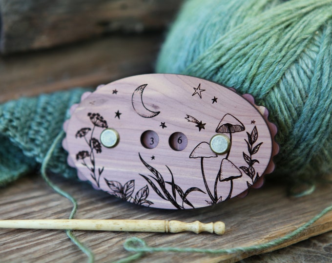 Knitting and Crochet Row Counter. Stars and crescent moon with forest plants made from wood. Turn the dials to keep progress of your rows.