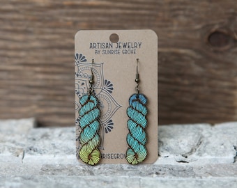 Yarn skein earrings (larger). Choose from a mix of colors or bare wood look. Great for those into fiber yarns and yarn hanks.