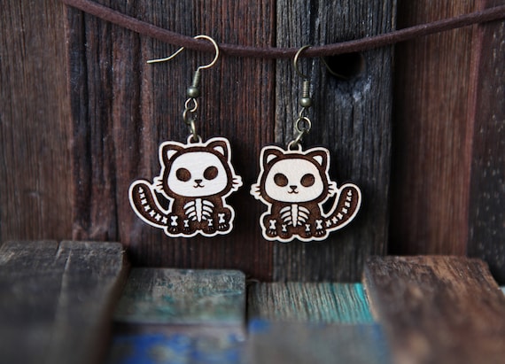 Cat Skeleton Earrings made from maple wood ; great for Halloween or just for those who love cute kitties