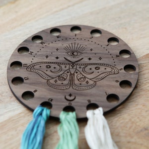 Mystical Moth with Moon and Eye Embroidery Floss Thread Storage Holder Circle Walnut Wood to store your cross stitch needlepoint yarn image 9