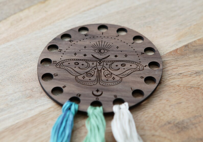 Mystical Moth with Moon and Eye Embroidery Floss Thread Storage Holder Circle Walnut Wood to store your cross stitch needlepoint yarn image 9