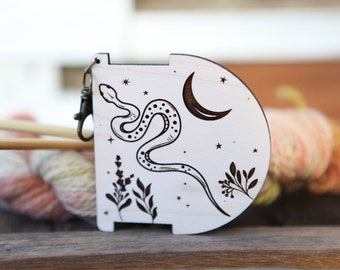 Snake with Moon and Stars and Forest Plants Spinners Control Tool WPI (Wraps per Inch) Ruler and Twist Angle Gauge for yarn.