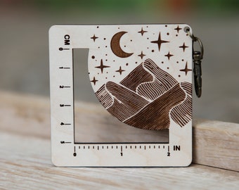 Moon & Stars over Mountains Gauge Swatch Measurement Ruler in Inches and Centimeters Maple Wood with Bronze Clasp - For Knit and Crochet