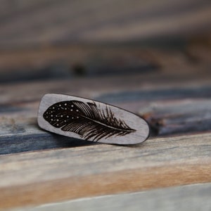 Clip for yarn ball or hair. Engraved wood clip with bird feather. Great for loose ends on yarn or hair barrette. image 7