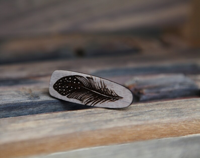 Clip for yarn ball or hair. Engraved wood clip with bird feather. Great for loose ends on yarn or hair barrette. image 7