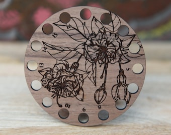 Fuchsia Flower Embroidery Floss Thread Storage Holder - Circle Walnut Wood to store your cross stitch needlepoint yarn
