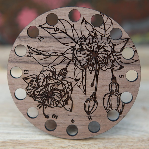 Fuchsia Flower Embroidery Floss Thread Storage Holder - Circle Walnut Wood to store your cross stitch needlepoint yarn