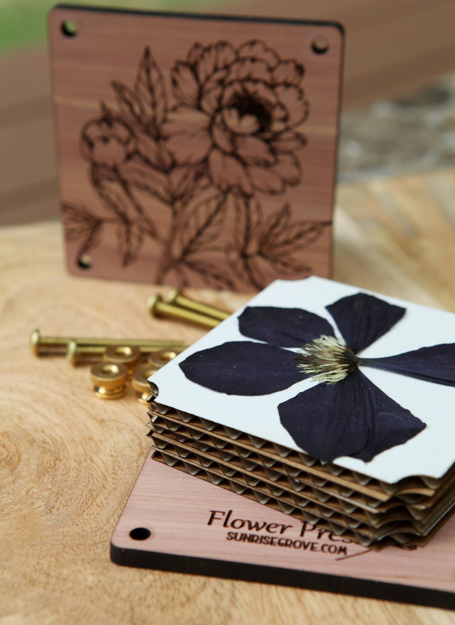 Flower Press kit with engraved peony flowers made from cedar Etsy