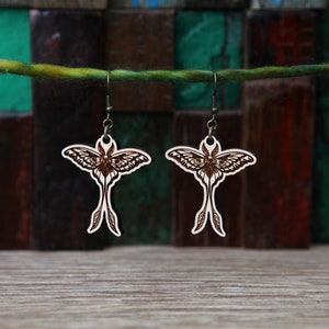 Luna Moth Earrings made from Maple Wood. This is perfect for entomologists or those who love the beauty of the night moon moths
