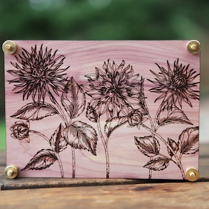 Flower Press kit with engraved dahlia flowers made from cedar wood and brass bolts. Includes rice paper and cardboard inserts for drying