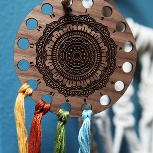 Mandala Embroidery Floss Thread Storage Holder - Circle Walnut Wood to store your cross stitch needlepoint yarn with Buddhist Mandala