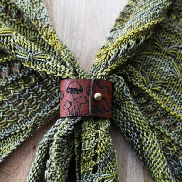 Mushroom Leather Shawl Cuff, made from leather with a bronze stud. Great for holding your knitted and crocheted scarves, shawls and cowls.