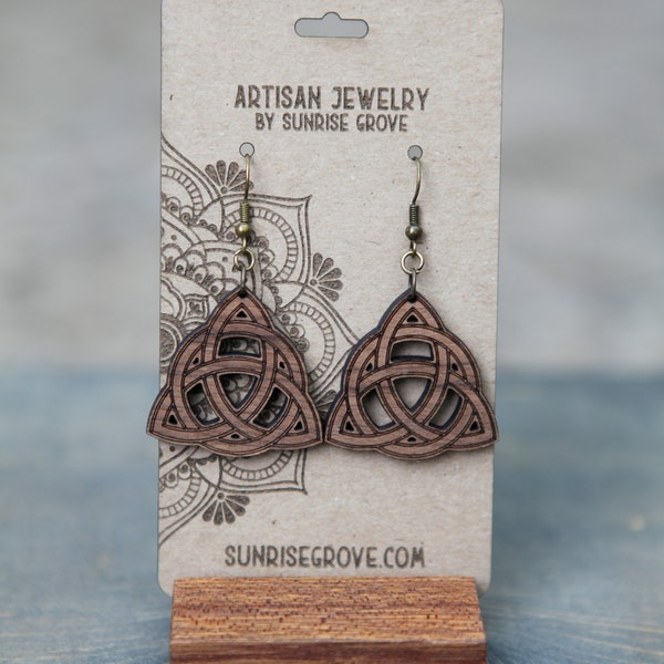 Celtic Trinity Knot within a Circle Wood Earrings from Walnut Wood, represents eternal life