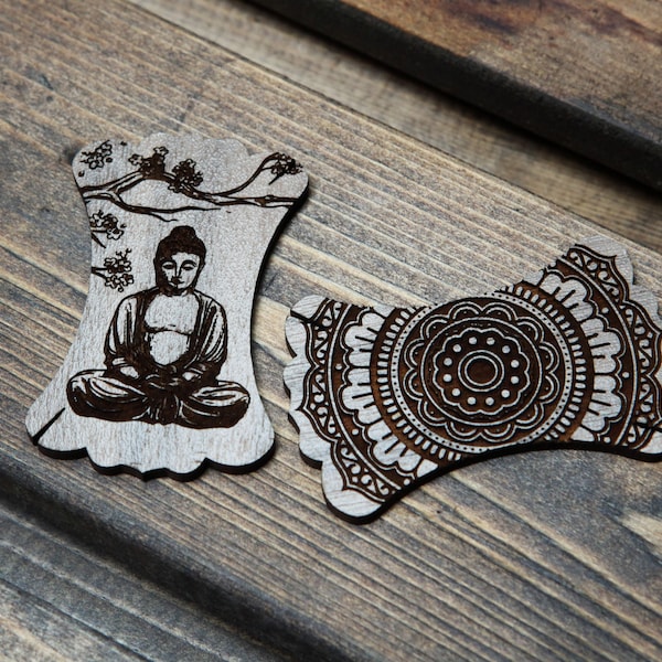 Set of Buddha and Mandala Embroidery Floss Thread Card Winders Made from Walnut Wood. Wind your floss, yarn & threads to keep them organized