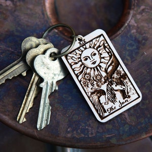 Tarot Card Keychain made from maple wood. Major Arcana Tarot Card Deck: Choose from Death, The Sun or The Moon.