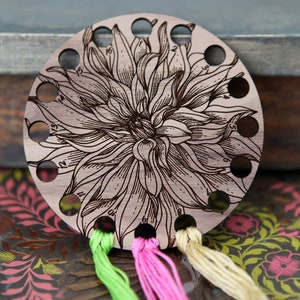 Dahlia Flower Embroidery Floss Thread Storage Holder - Dahlias Circle Walnut Wood to store your cross stitch needlepoint yarn