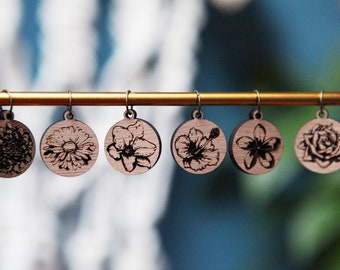 Knitting Stitch Markers - Walnut - Set of 6 - Flower Heads