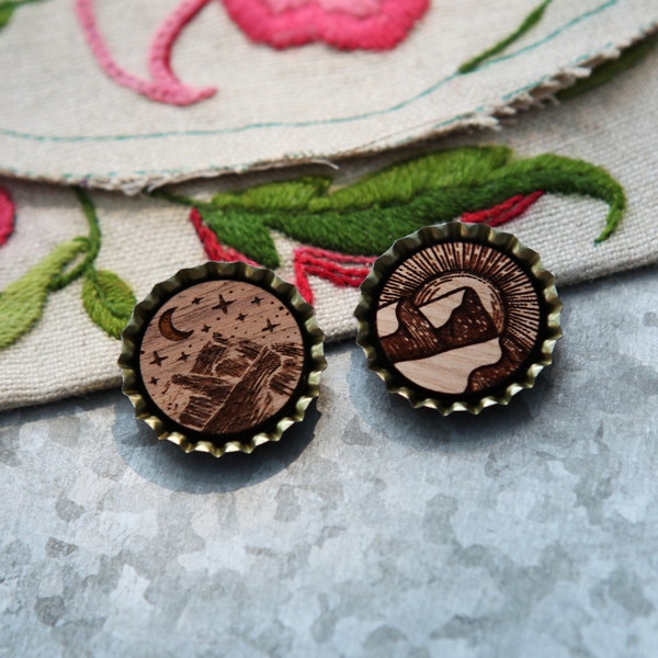 Mountain Sun and Moon Wood Bottle Cap Magnetic Needle Minder for Needlepointing, Embroidery, Sewing and Cross Stitch and other needle art