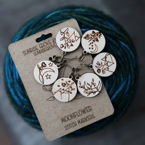 Moonflower and Stars Knitting Stitch Markers made from maple wood Set of 6 Moon flowers, moon and stars with mountains image 1