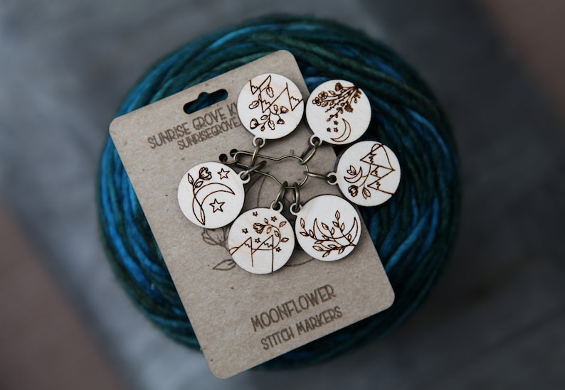 Moonflower and Stars Knitting Stitch Markers made from maple wood Set of 6 Moon flowers, moon and stars with mountains image 1