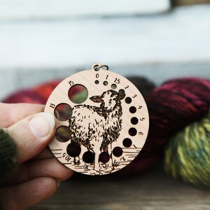 Knitting Needle Gauge Guide with a sheep standing on a grassy hill Cherry wood with bronze clasp image 3