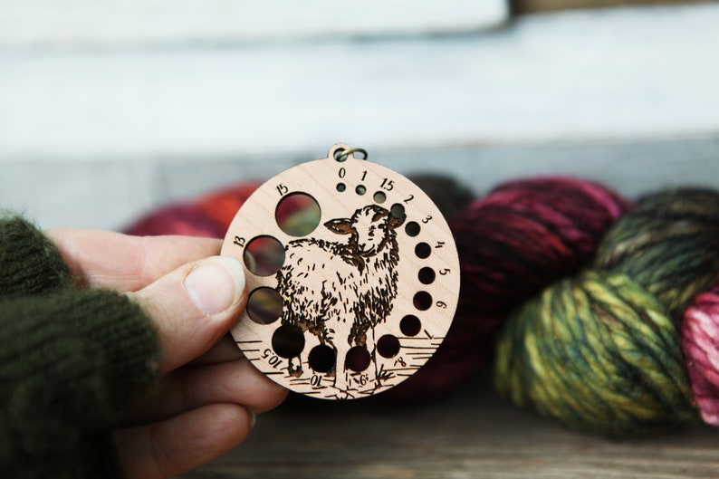 Knitting Needle Gauge Guide with a sheep standing on a grassy hill Cherry wood with bronze clasp image 3