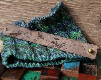 Luna Moth Leather Ruler Cuff, made from reclaimed distressed leather with bronze stud. Great for measuring knitting, sewing & fiber project