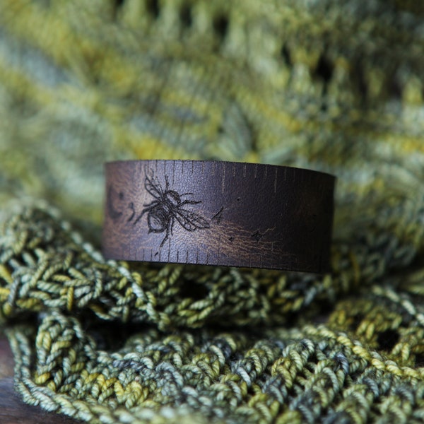 Bee Leather Ruler Cuff, made from reclaimed distressed leather with bronze stud. Great for measuring knitting, sewing & fiber project