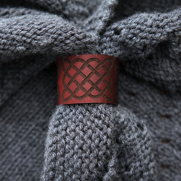 Celtic Knots Shawl Cuff, made from leather with a bronze stud. Great for holding your knitted and crocheted scarves, shawls and cowls.