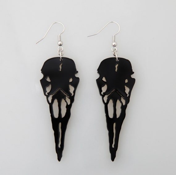 Raven Skull Black Acrylic Earrings Black Bird Skull Earring Etsy
