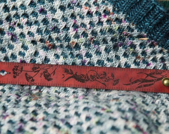 Raven Skull Leather Ruler Cuff made from reclaimed distressed leather with bronze stud. Great for measuring knitting, sewing & fiber project