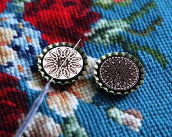 Mandala Wood and Bottle Cap Magnetic Needle Minder for Needle-pointing, Embroidery and Cross Stitch.
