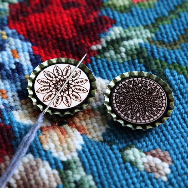 Mandala Wood and Bottle Cap Magnetic Needle Minder for Needle-pointing, Embroidery and Cross Stitch.