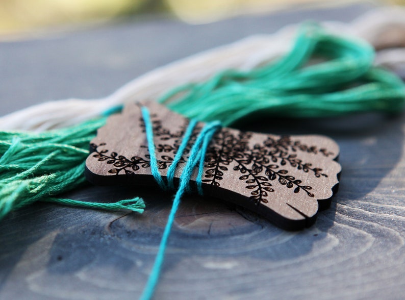 Tropical Flower Leaves Embroidery Floss Card Winders / Thread Bobbins in walnut wood. Wind your floss or threads to keep them organized. image 6