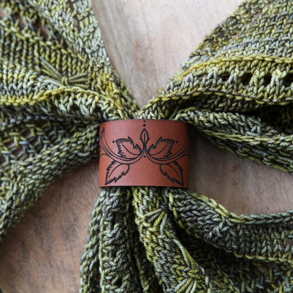 Leaf Scroll Leather Shawl Cuff, made from leather with a bronze stud. Great for holding your knitted and crocheted scarves, shawls and cowls