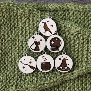 Knitting Stitch Markers - Maple- Set of 6 - Witching Hour including broom, witch hat, black cat, crow, crystal ball and magic wand